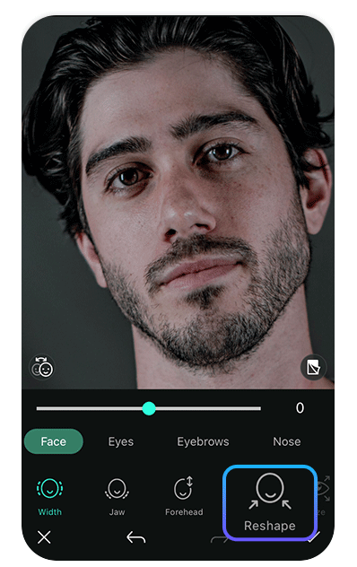 a smiling man with facial reshaping including face, eyes, nose and lips